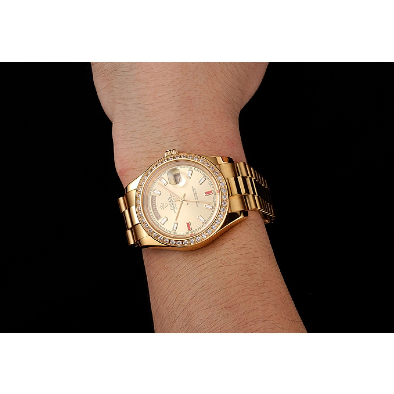 Aaa replica watch Swiss 1454100 And Champagne Bracelet Diamonds Dial Rubies Rolex Day-Date Gold 0709